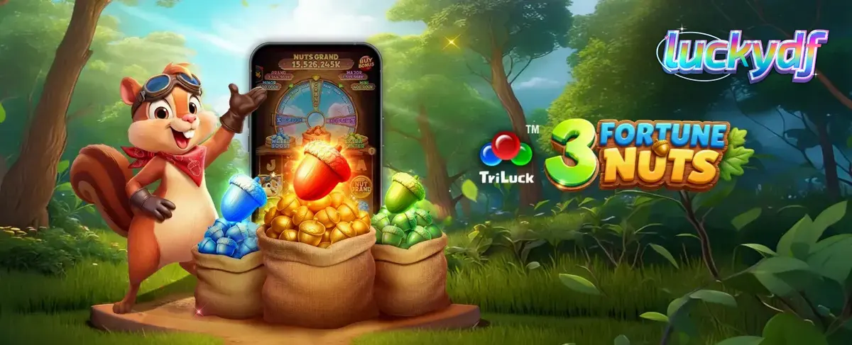 Tampilan visual slot 3 Fortune Nuts dengan tema hutan musim gugur dan karakter tupai.